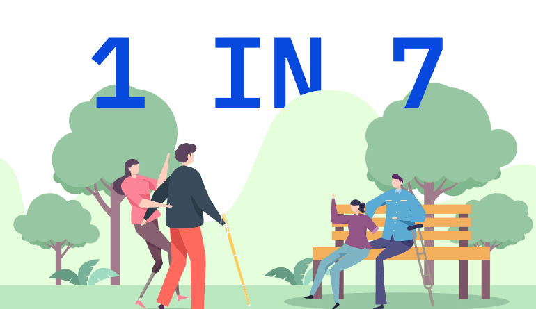 1 in 7 title with an illustration on the background showing a park with disabled people